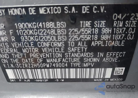 2023 Honda Hr-V Awd Sport from USA, damaged, VIN 3CZRZ2H50PM749004